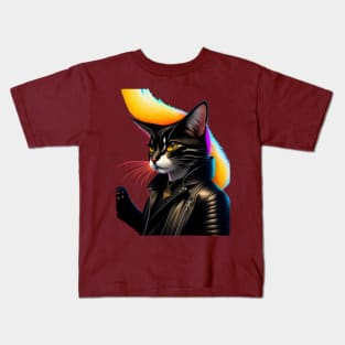 A cat wearing a leather jacket and a black jacket with a yellow tail. Kids T-Shirt